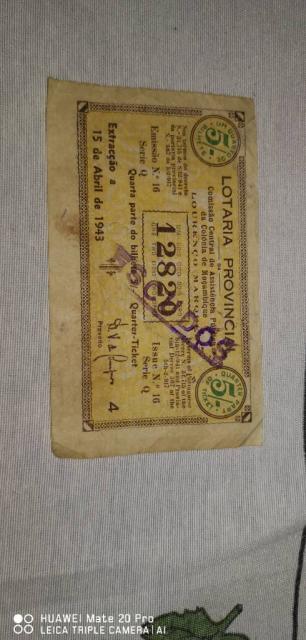 Raridade lotarias provincial de Mucambique ano 1943